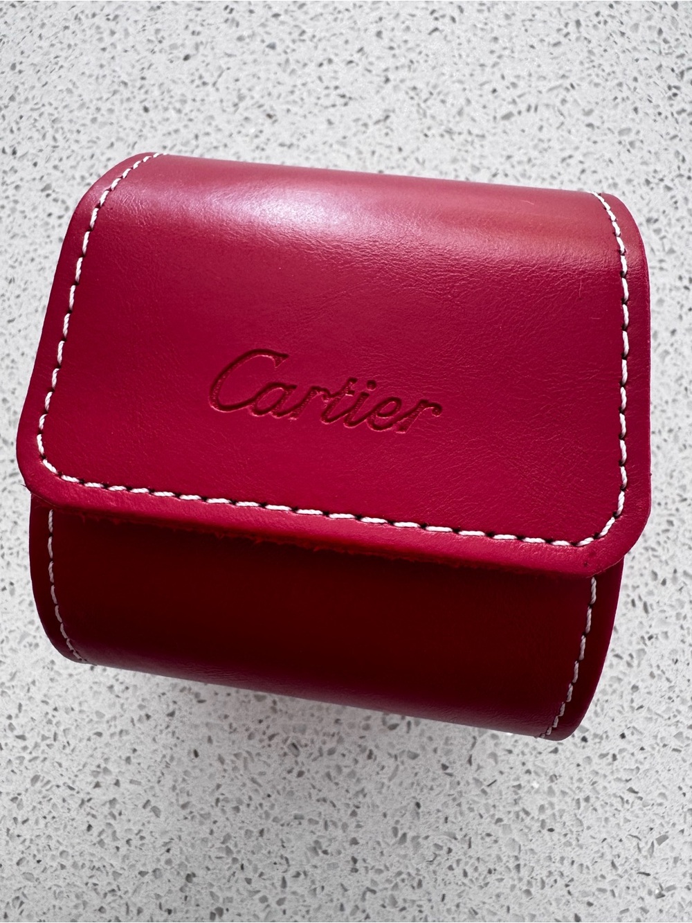 Cartier Red Leather Watch Case with White Stitching